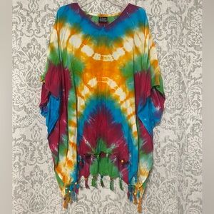 Jackpot Tie Dye Rainbow Beaded Beach Boho Hippie Festival Poncho Cover Up OS